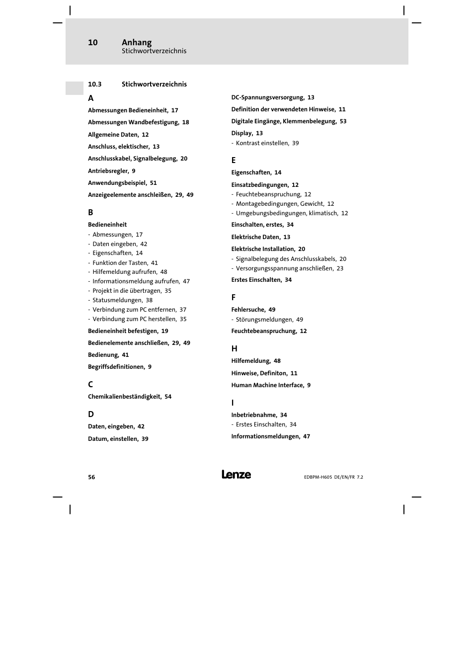 Stichwortverzeichnis, Anhang | Lenze EPM−H606 User Manual | Page 56 / 170