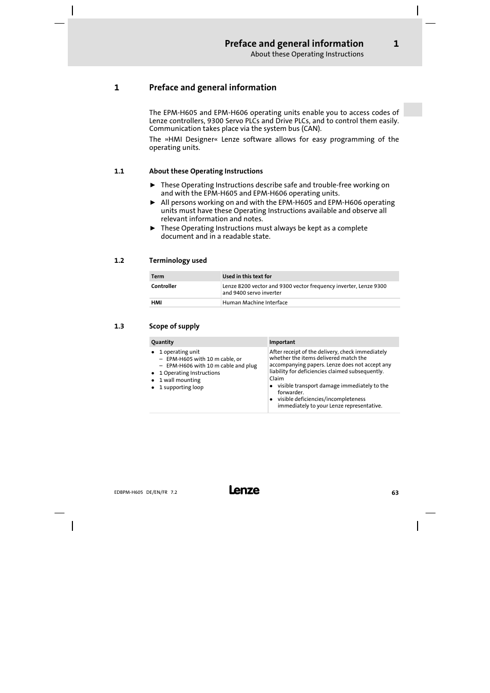 Preface and general information, About these operating instructions, Terminology used | Scope of supply, 1preface and general information | Lenze EPM−H606 User Manual | Page 63 / 170