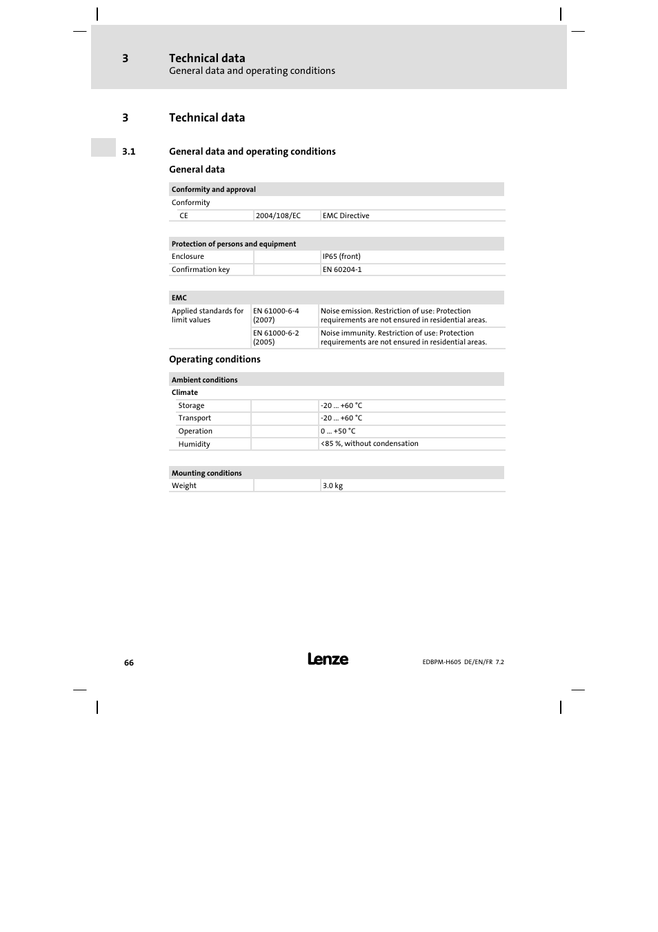 Technical data, General data and operating conditions, 3technical data | Lenze EPM−H606 User Manual | Page 66 / 170