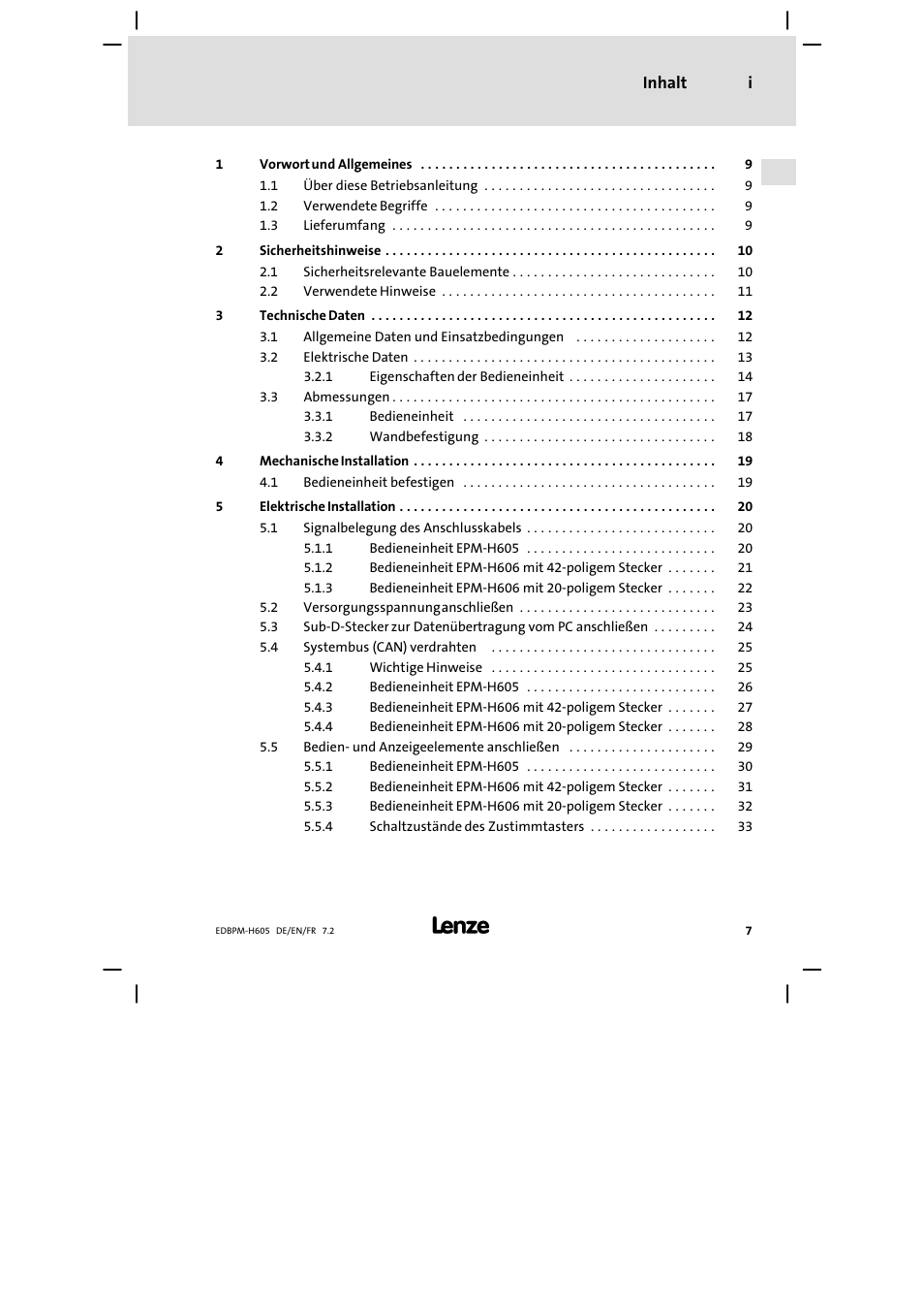 Inhalt | Lenze EPM−H606 User Manual | Page 7 / 170