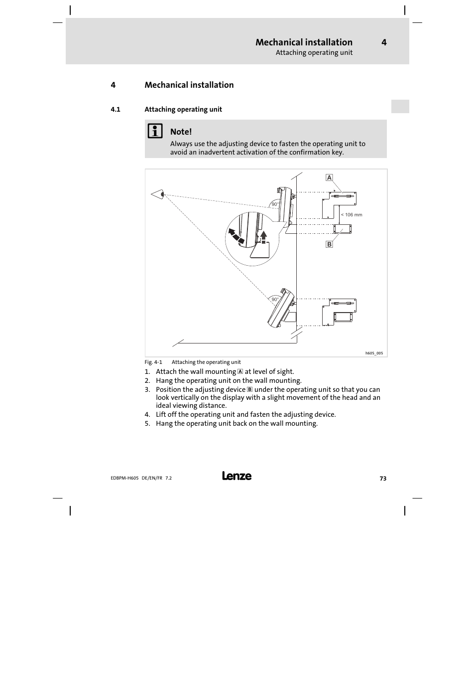 Mechanical installation, Attaching operating unit | Lenze EPM−H606 User Manual | Page 73 / 170
