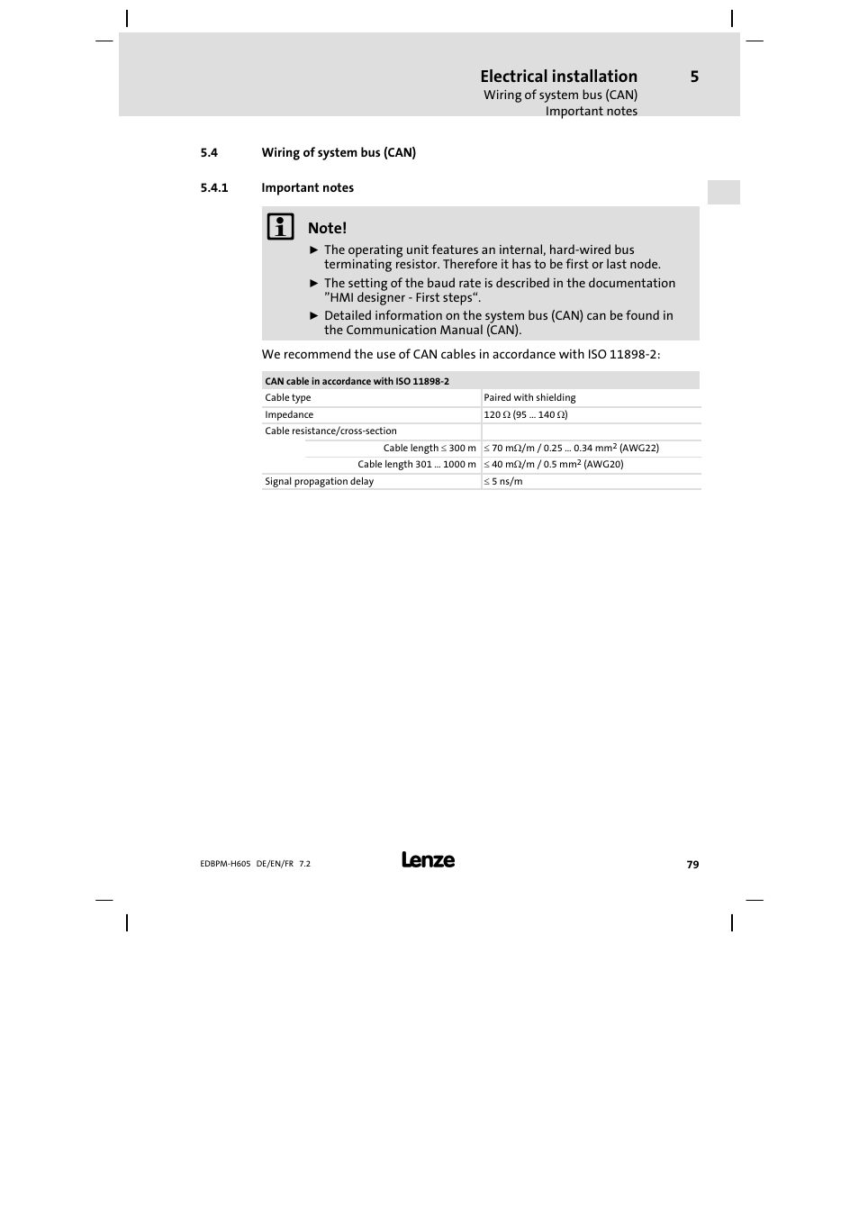 Wiring of system bus (can), Important notes, Electrical installation | Lenze EPM−H606 User Manual | Page 79 / 170