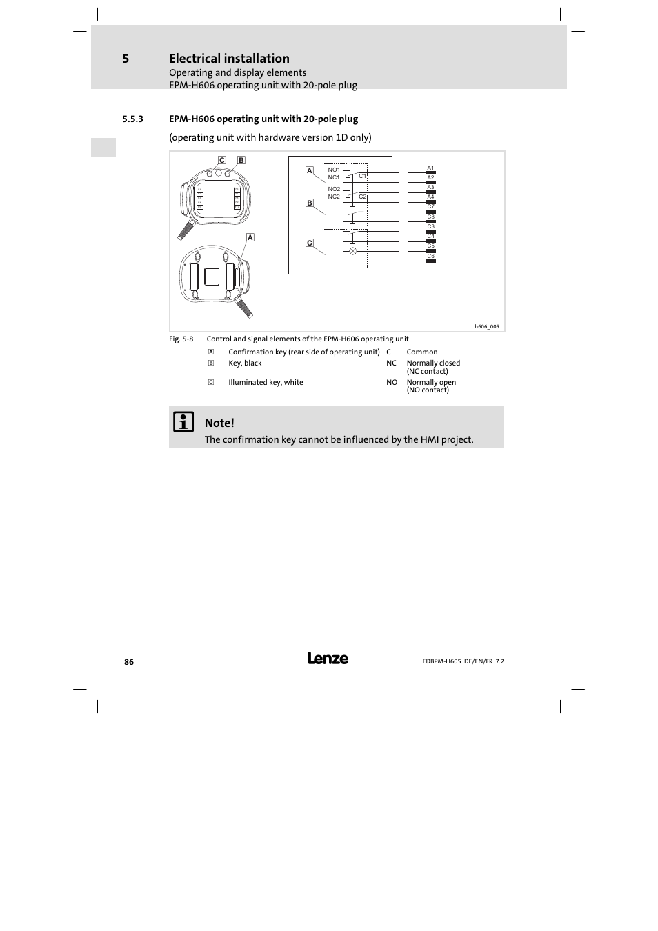 Epm-h606 operating unit with 20-pole plug, Epm−h606 operating unit with 20−pole plug, Electrical installation | Lenze EPM−H606 User Manual | Page 86 / 170