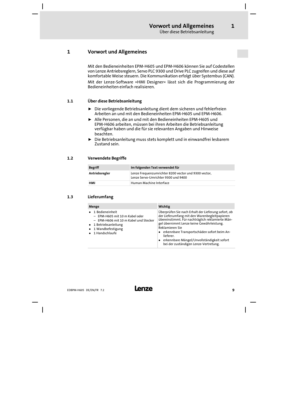 Vorwort und allgemeines, Über diese betriebsanleitung, Verwendete begriffe | Lieferumfang, 1vorwort und allgemeines | Lenze EPM−H606 User Manual | Page 9 / 170