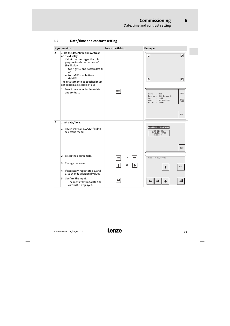 Date/time and contrast setting, Commissioning | Lenze EPM−H606 User Manual | Page 93 / 170