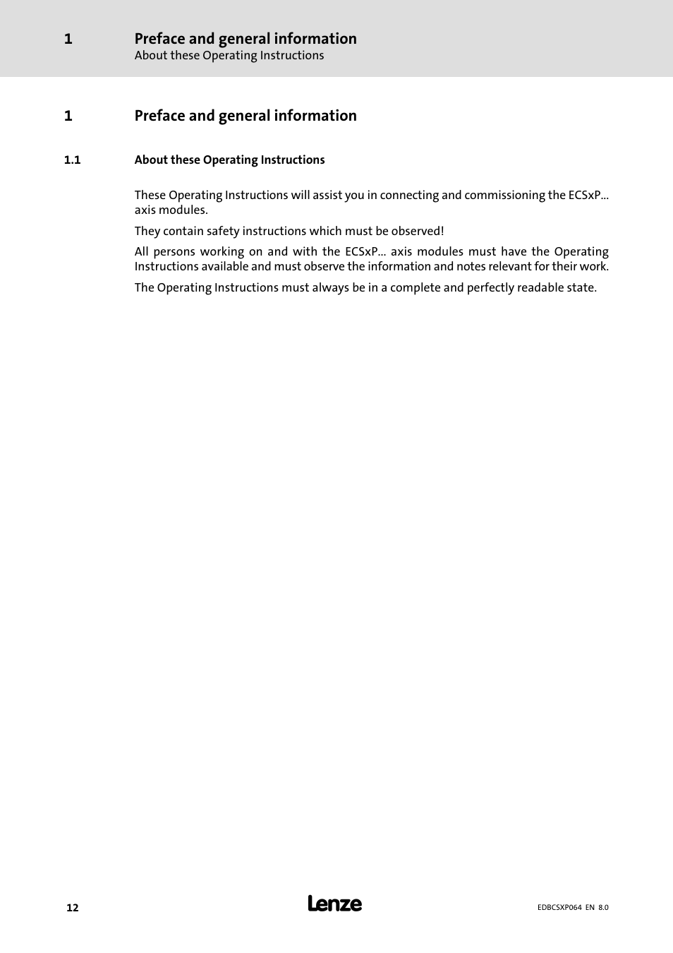 1 preface and general information, 1 about these operating instructions, Preface and general information | About these operating instructions | Lenze ECSCPxxx User Manual | Page 12 / 455