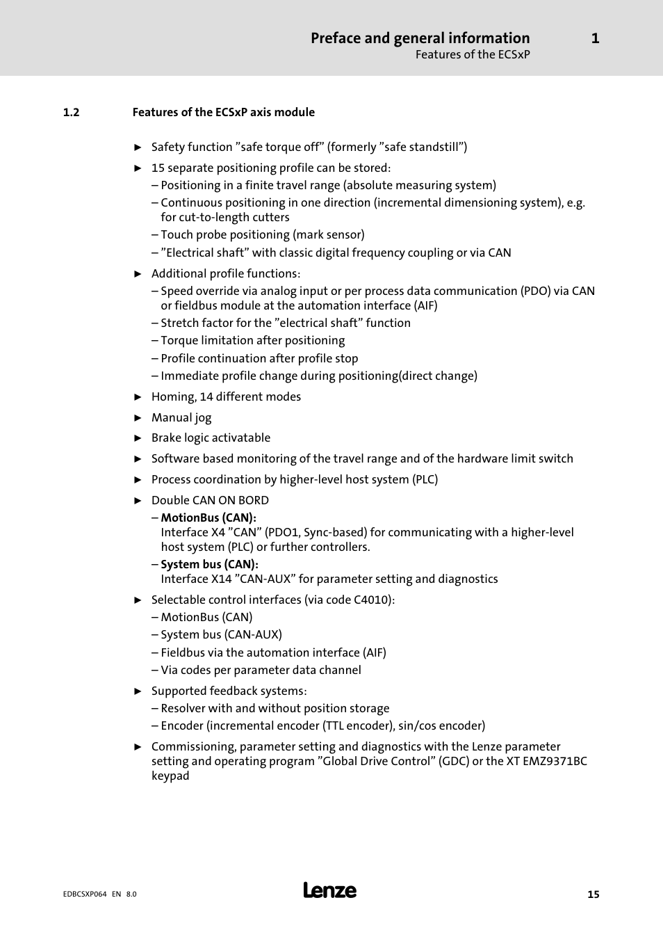 2 features of the ecsxp p axis module, Features of the ecsxp axis module, Preface and general information | Lenze ECSCPxxx User Manual | Page 15 / 455