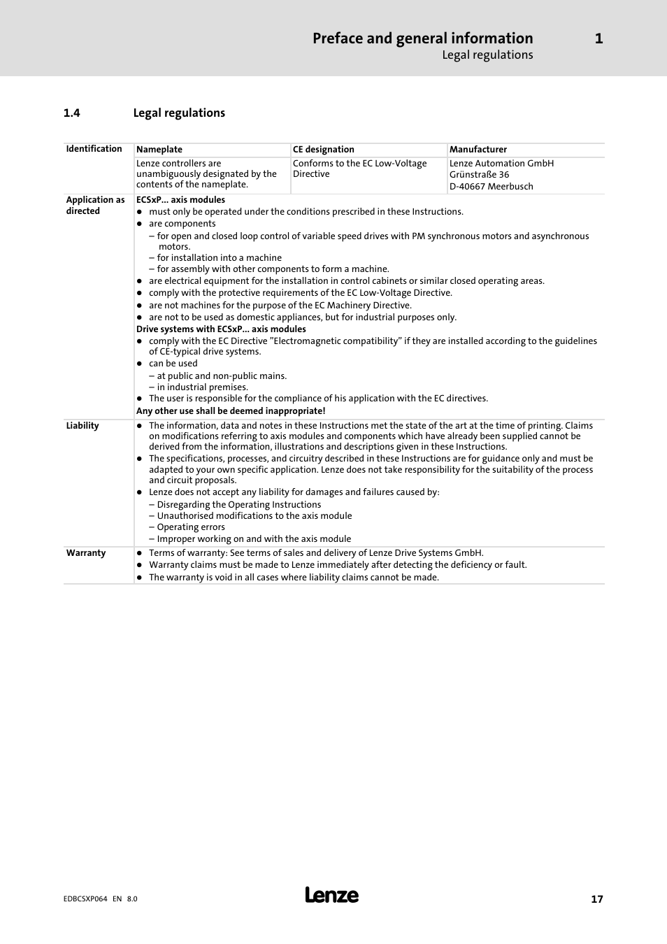 4 legal regulations, Legal regulations, Preface and general information | Lenze ECSCPxxx User Manual | Page 17 / 455