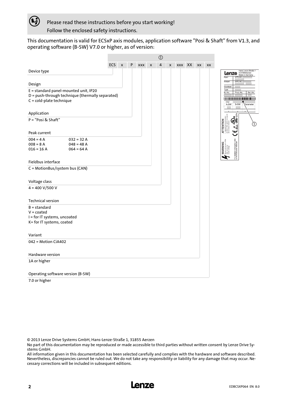 This documentation is valid for | Lenze ECSCPxxx User Manual | Page 2 / 455