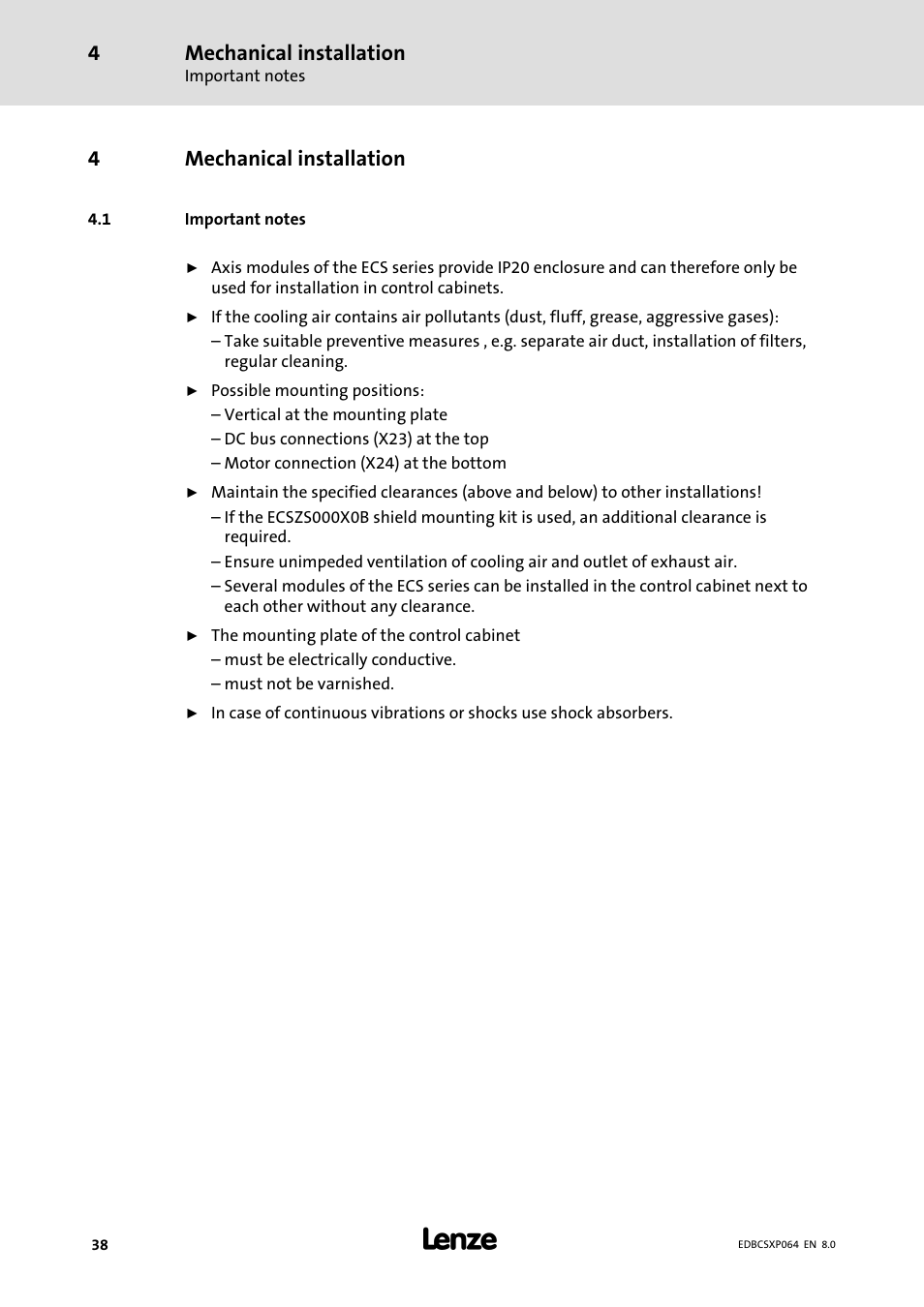 4 mechanical installation, 1 important notes, Mechanical installation | Important notes, 4mechanical installation | Lenze ECSCPxxx User Manual | Page 38 / 455