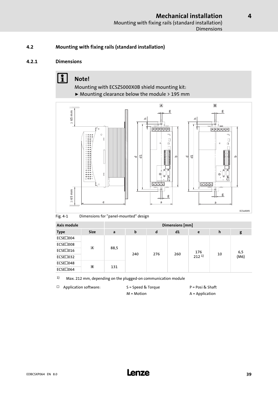 1 dimensions, Mounting with fixing rails (standard installation), Dimensions | Mechanical installation | Lenze ECSCPxxx User Manual | Page 39 / 455