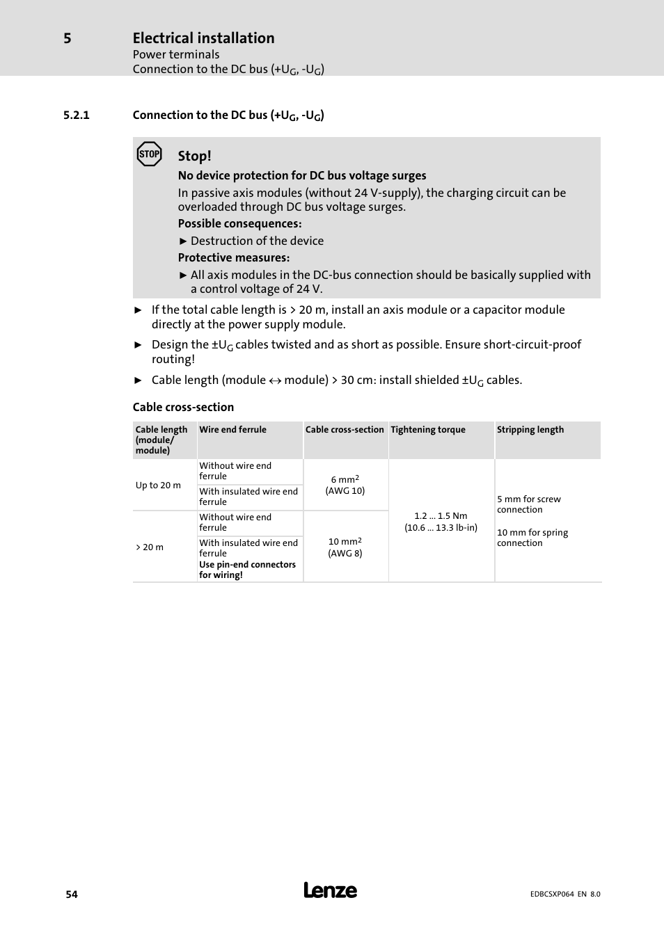 1 connection to the dc bus (+ug, -ug), Connection to the dc bus (+ug, −ug), Electrical installation | Stop | Lenze ECSCPxxx User Manual | Page 54 / 455