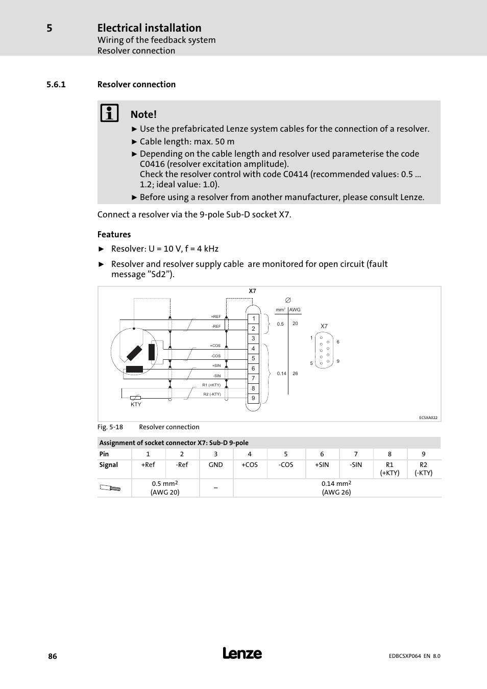 1 resolver connection, Resolver connection, Electrical installation | Wiring of the feedback system resolver connection, Cable length: max. 50 m, Resolver: u = 10 v, f = 4 khz | Lenze ECSCPxxx User Manual | Page 86 / 455