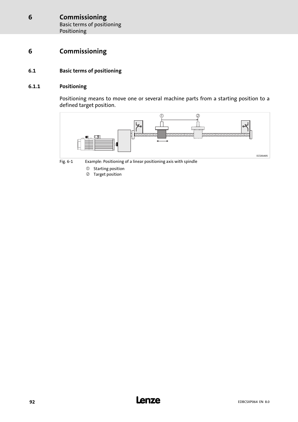 6 commissioning, 1 basic terms of positioning, 1 positioning | Commissioning, Basic terms of positioning, Positioning, 6commissioning | Lenze ECSCPxxx User Manual | Page 92 / 455