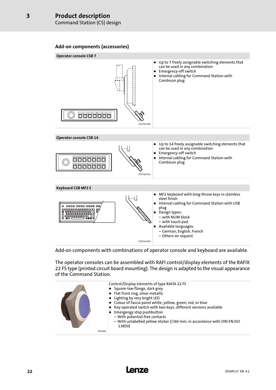 Product description, Command station (cs) design, Add−on components (accessories) | Strg, Strg alt alt, Altgr, Altgr strg strg, Rollen, Rollen druck druck entf entf pos. pos, Einfg | Lenze IPC Industrial PC System User Manual | Page 22 / 34