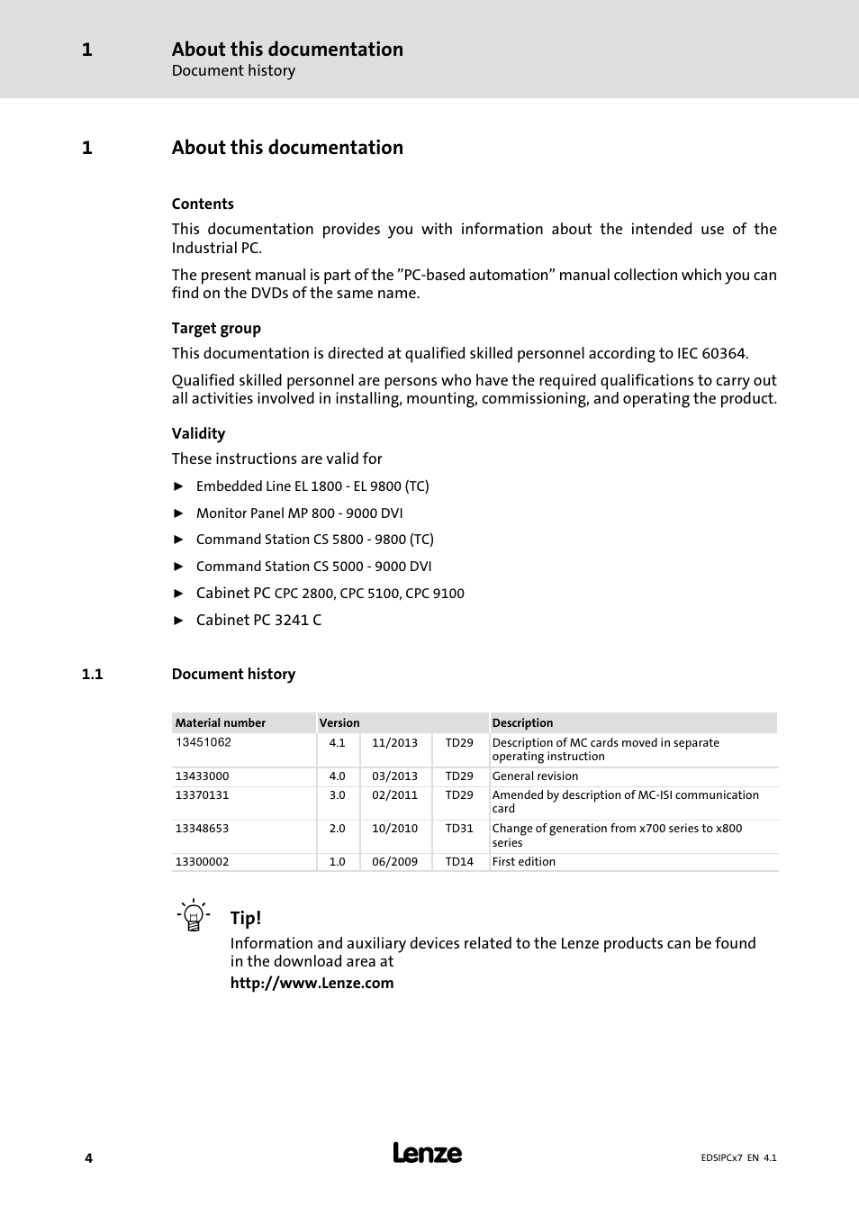 About this documentation, Document history, 1about this documentation | Lenze IPC Industrial PC System User Manual | Page 4 / 34