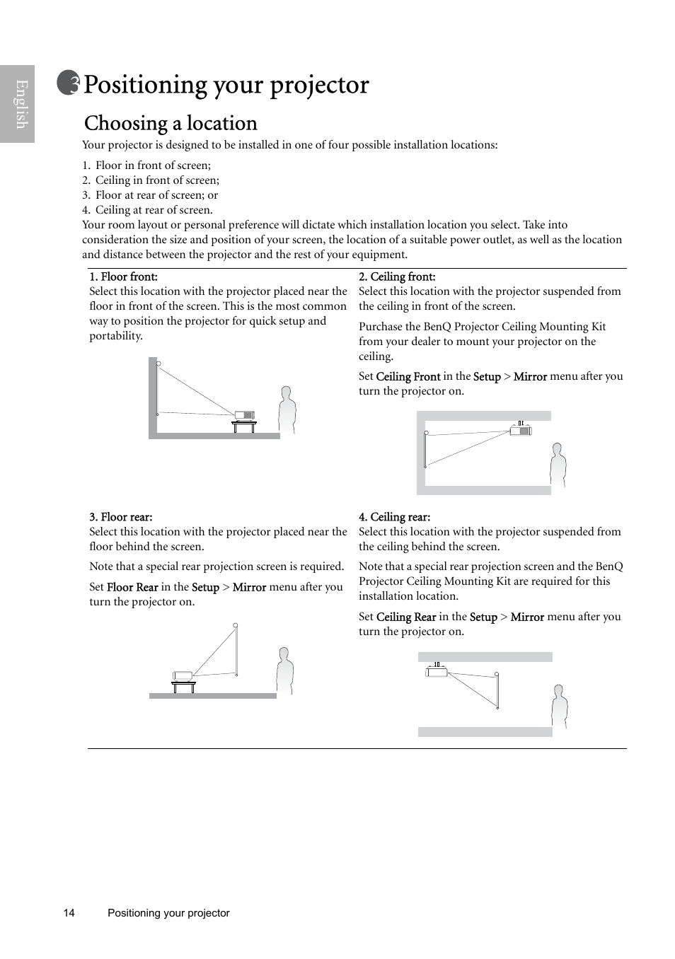 Positioning your projector, Choosing a location | BenQ W9000 User Manual | Page 14 / 37