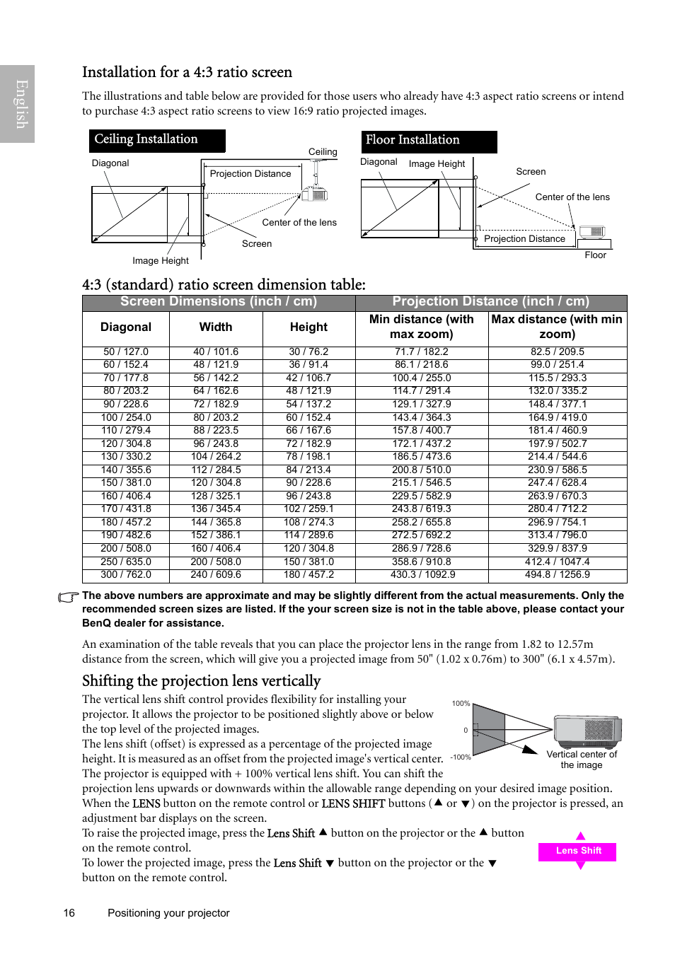 Installation for a 4:3 ratio screen, Shifting the projection lens vertically, English installation for a 4:3 ratio screen | 3 (standard) ratio screen dimension table, Ceiling installation | BenQ W9000 User Manual | Page 16 / 37