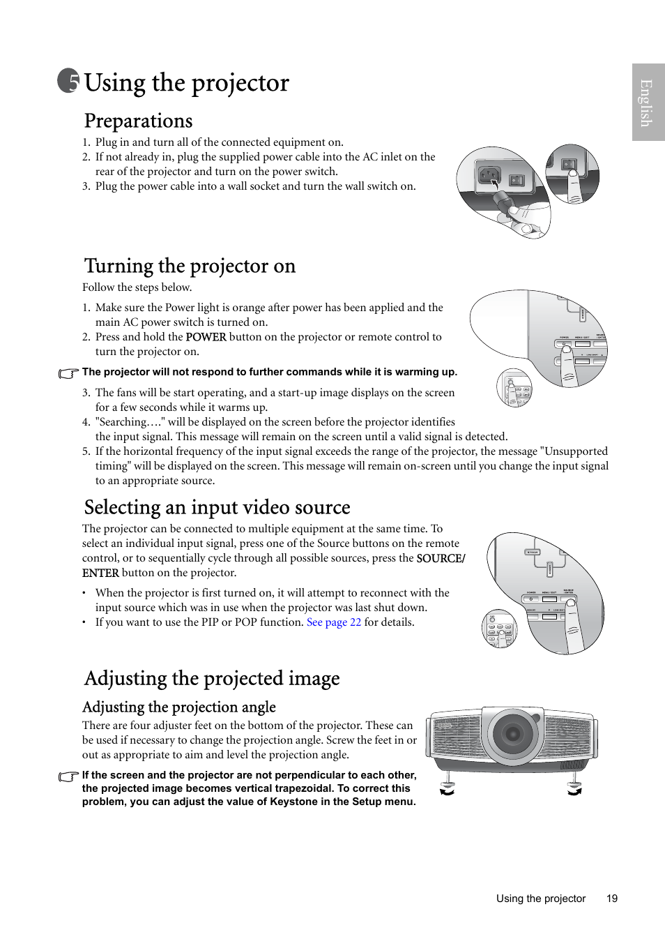 Using the projector, Preparations, Turning the projector on | Selecting an input video source, Adjusting the projected image, Adjusting the projection angle | BenQ W9000 User Manual | Page 19 / 37