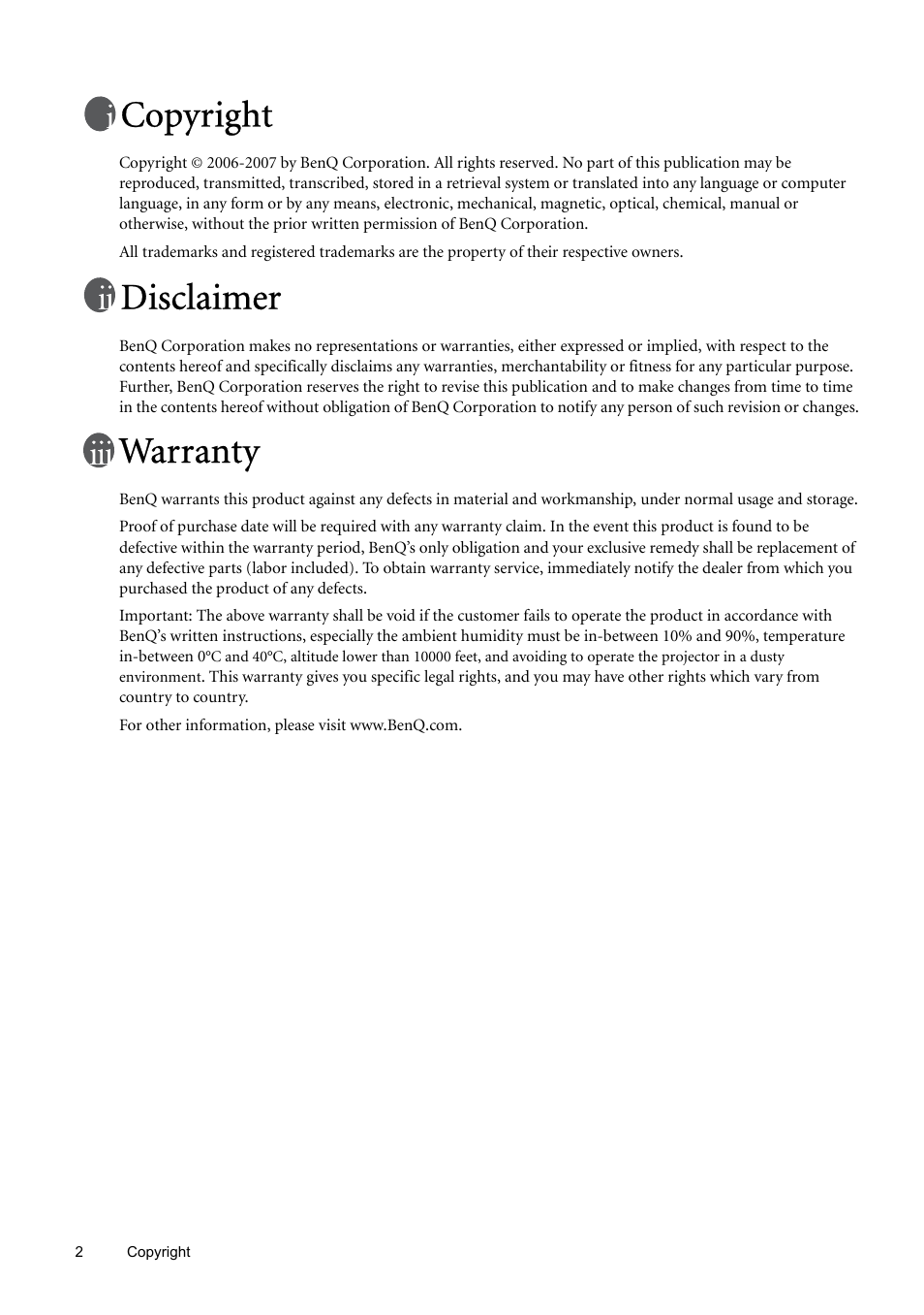 Copyright, Disclaimer, Warranty | BenQ W9000 User Manual | Page 2 / 37
