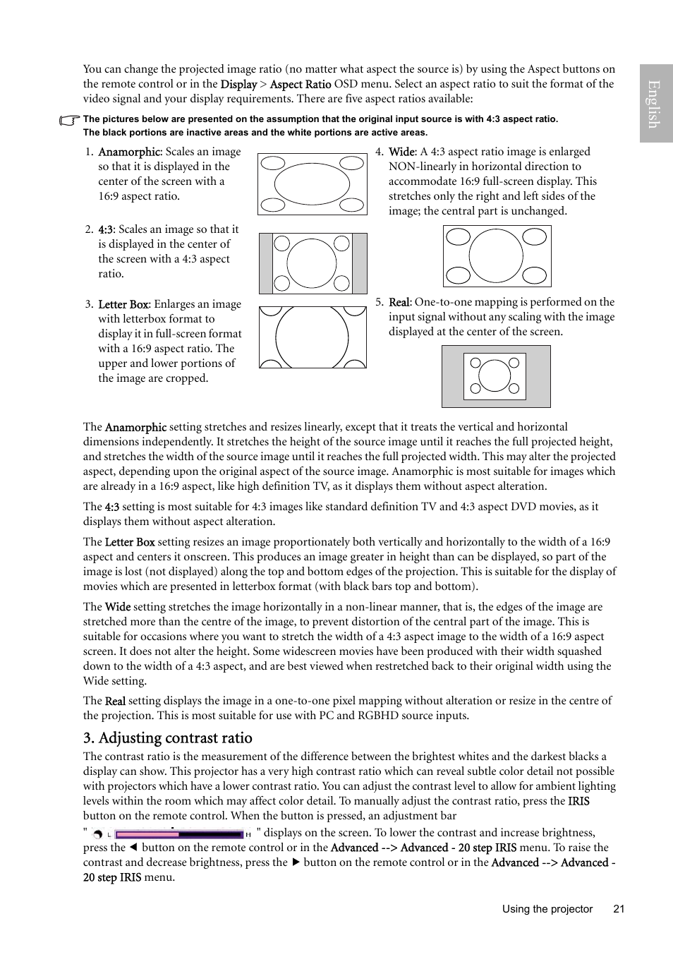 Adjusting contrast ratio, English | BenQ W9000 User Manual | Page 21 / 37