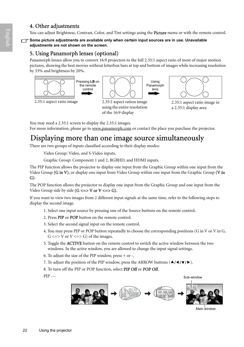 Other adjustments, Using panamorph lenses (optional), English 4. other adjustments | BenQ W9000 User Manual | Page 22 / 37