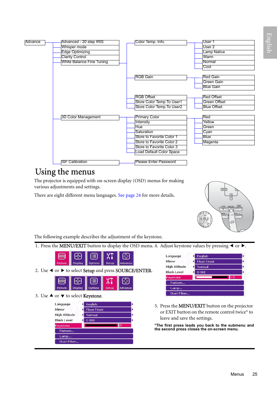Using the menus, And off, For det | English | BenQ W9000 User Manual | Page 25 / 37