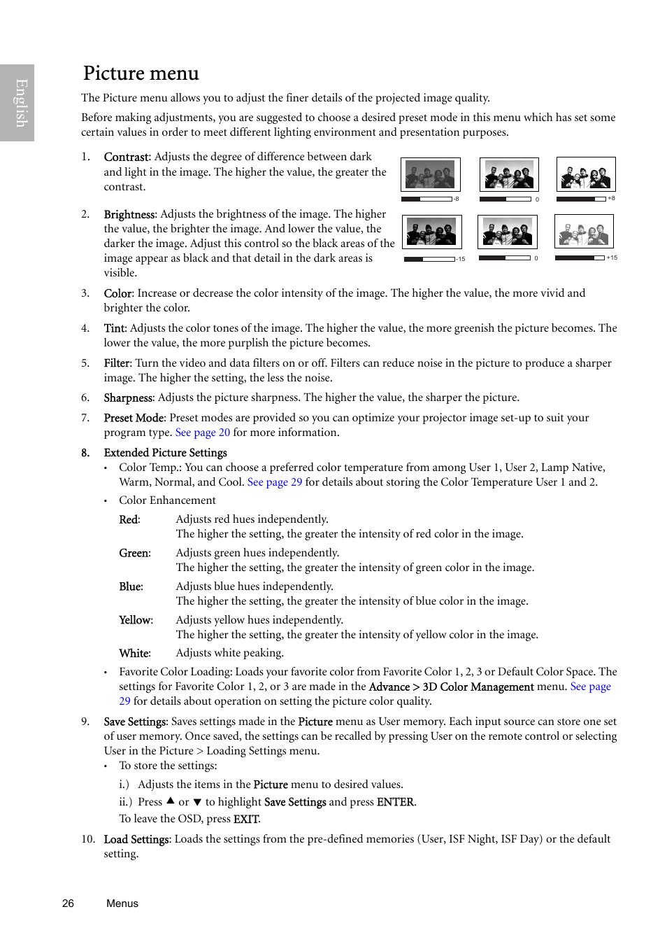 Picture menu, For det, English | BenQ W9000 User Manual | Page 26 / 37