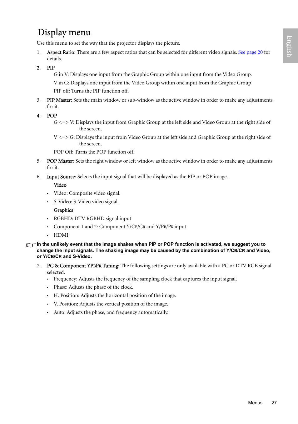 Display menu, English | BenQ W9000 User Manual | Page 27 / 37