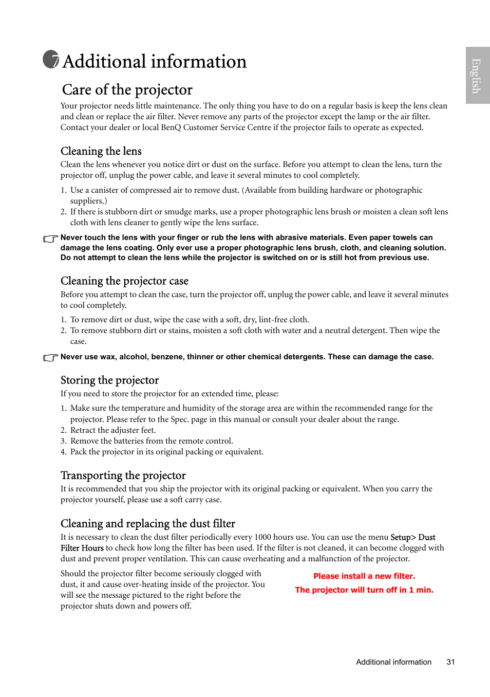 Additional information, Care of the projector, Cleaning the lens | Cleaning the projector case, Storing the projector, Transporting the projector, Cleaning and replacing the dust filter | BenQ W9000 User Manual | Page 31 / 37