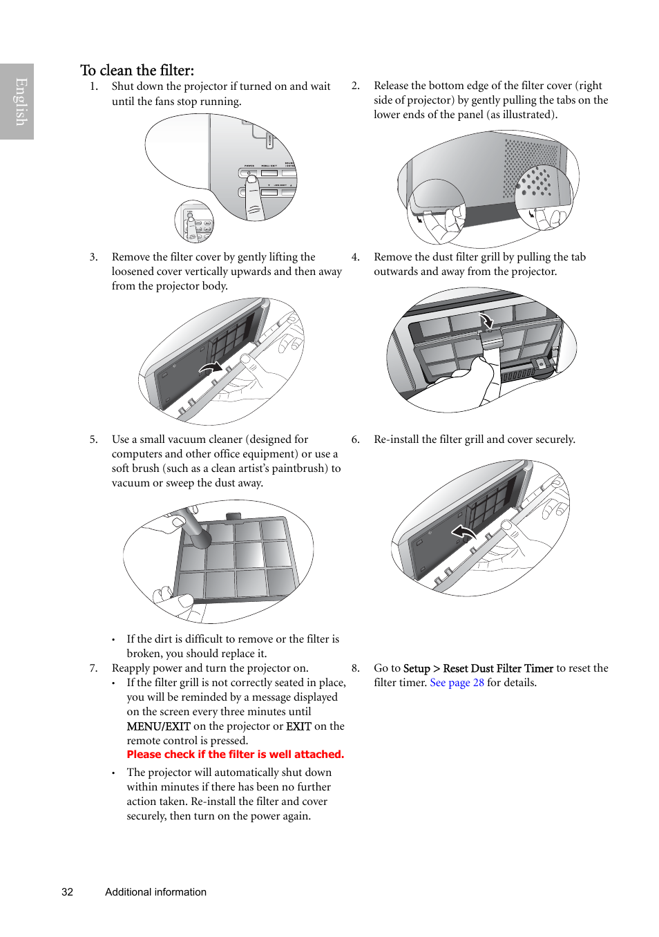 English to clean the filter | BenQ W9000 User Manual | Page 32 / 37