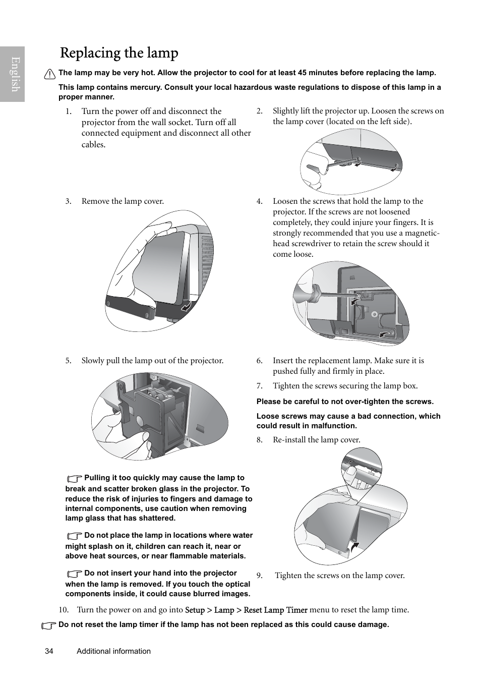 Replacing the lamp, English | BenQ W9000 User Manual | Page 34 / 37