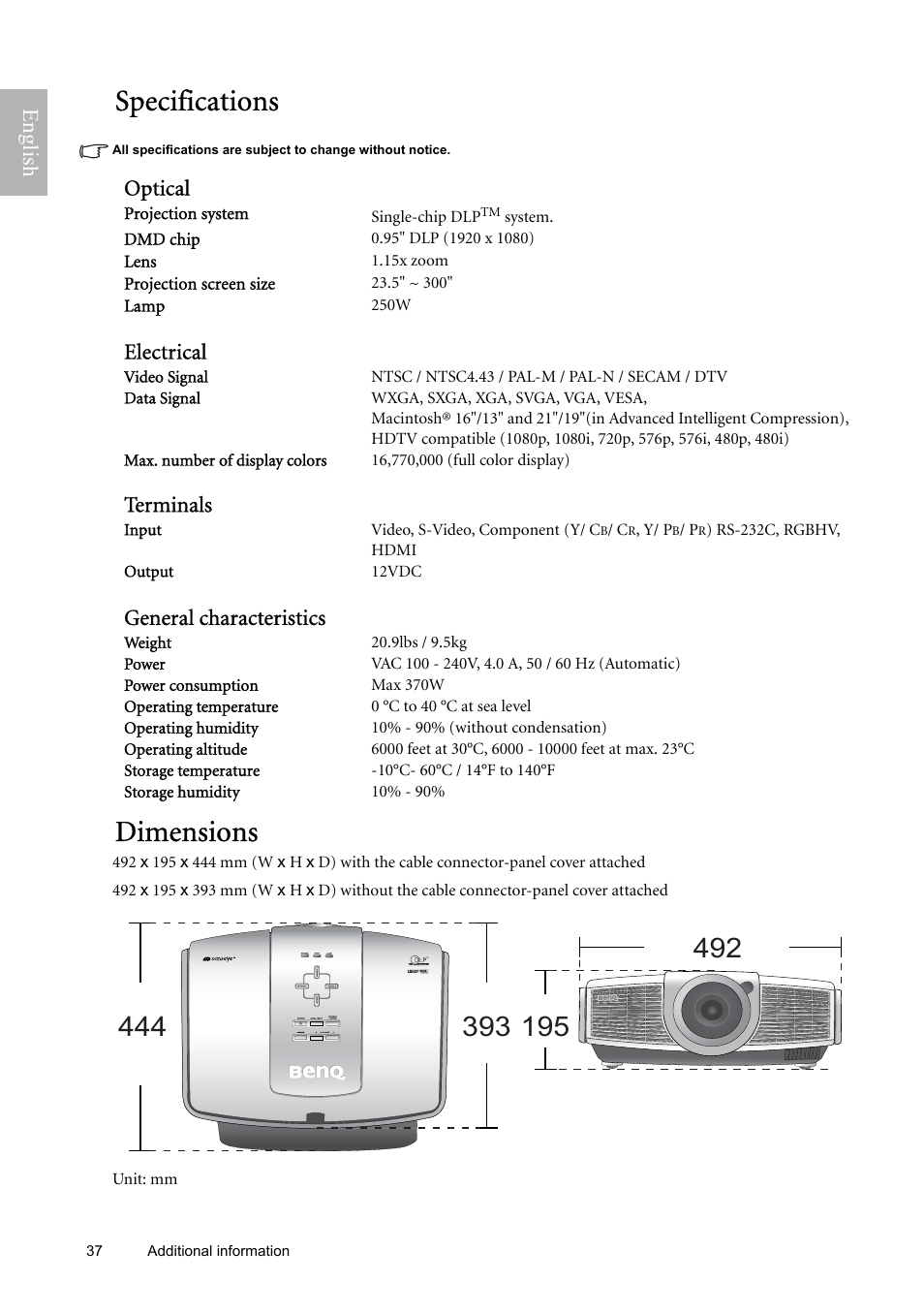 Specifications, Optical, Electrical | Terminals, General characteristics, Dimensions, English | BenQ W9000 User Manual | Page 37 / 37