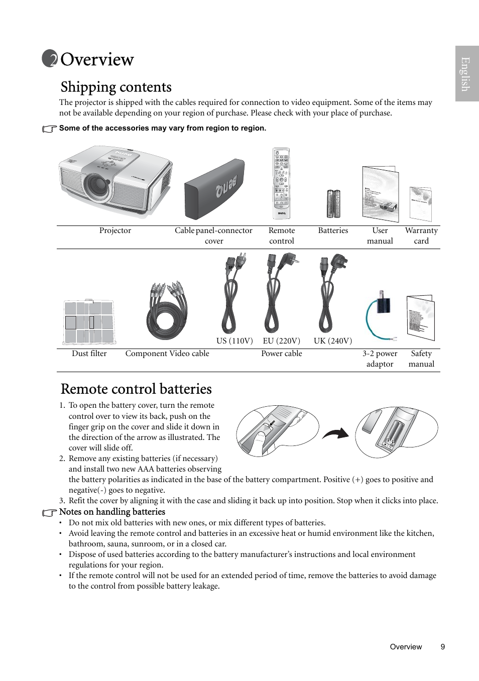 Overview, Shipping contents, Remote control batteries | Shipping contents remote control batteries, Ov erview, English | BenQ W9000 User Manual | Page 9 / 37