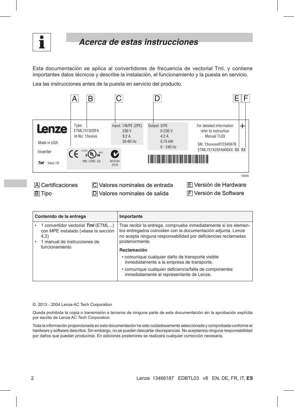 Acerca de estas instrucciones | Lenze TML Flux Vector Drive 0.25kW-2.2kW User Manual | Page 100 / 124