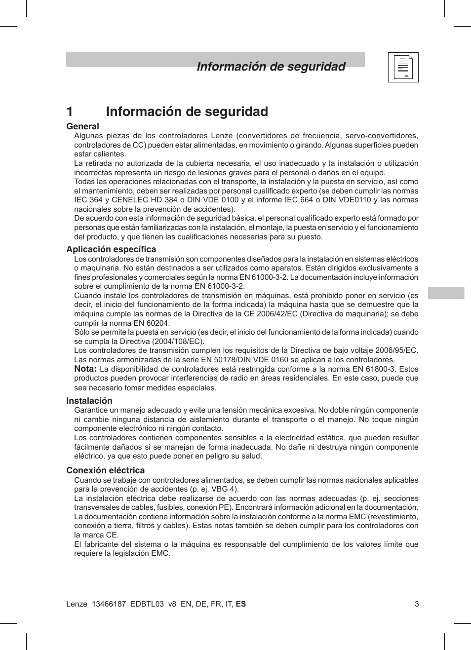1información de seguridad, Información de seguridad | Lenze TML Flux Vector Drive 0.25kW-2.2kW User Manual | Page 101 / 124