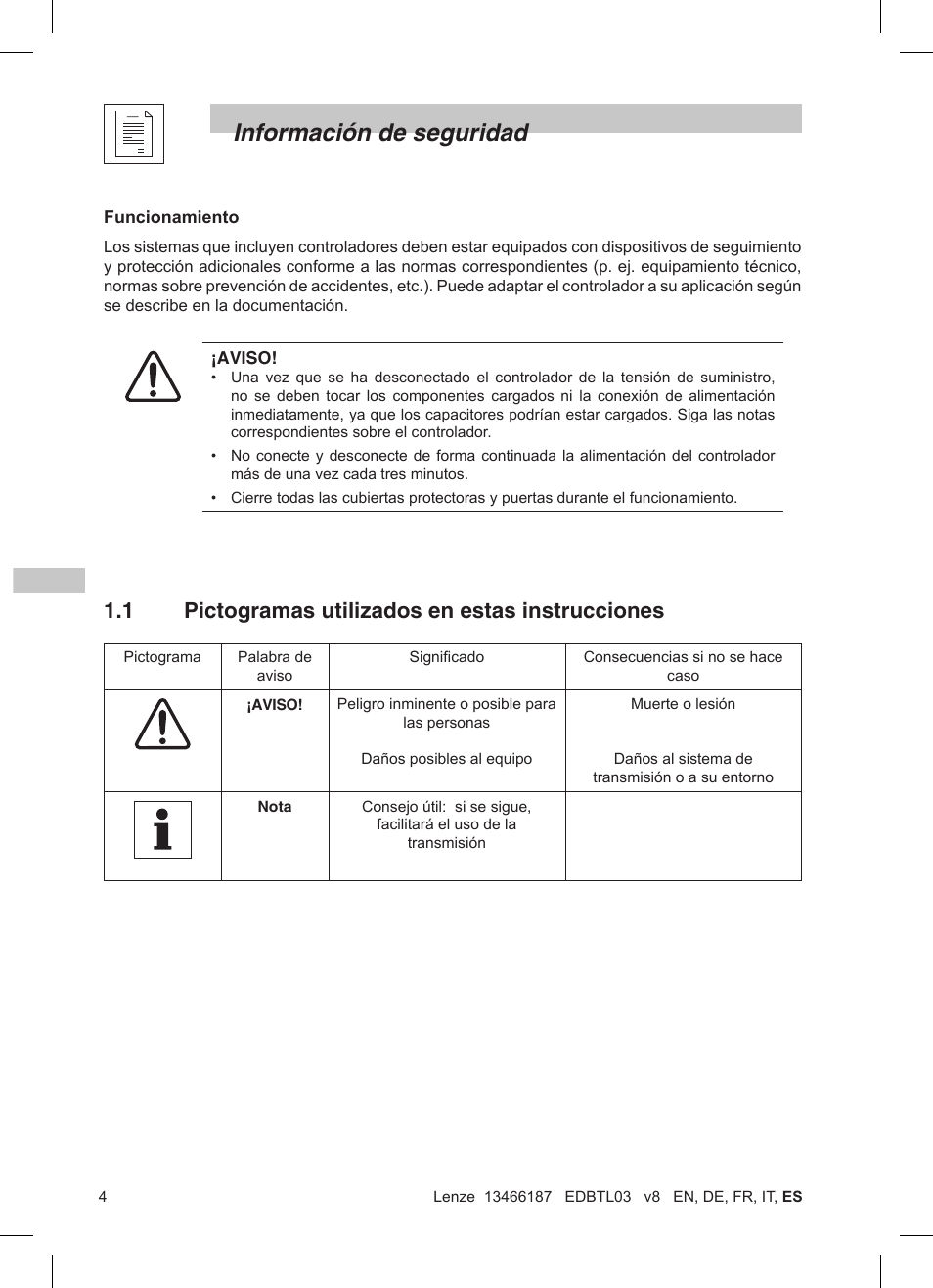 Información de seguridad, 1 pictogramas utilizados en estas instrucciones | Lenze TML Flux Vector Drive 0.25kW-2.2kW User Manual | Page 102 / 124