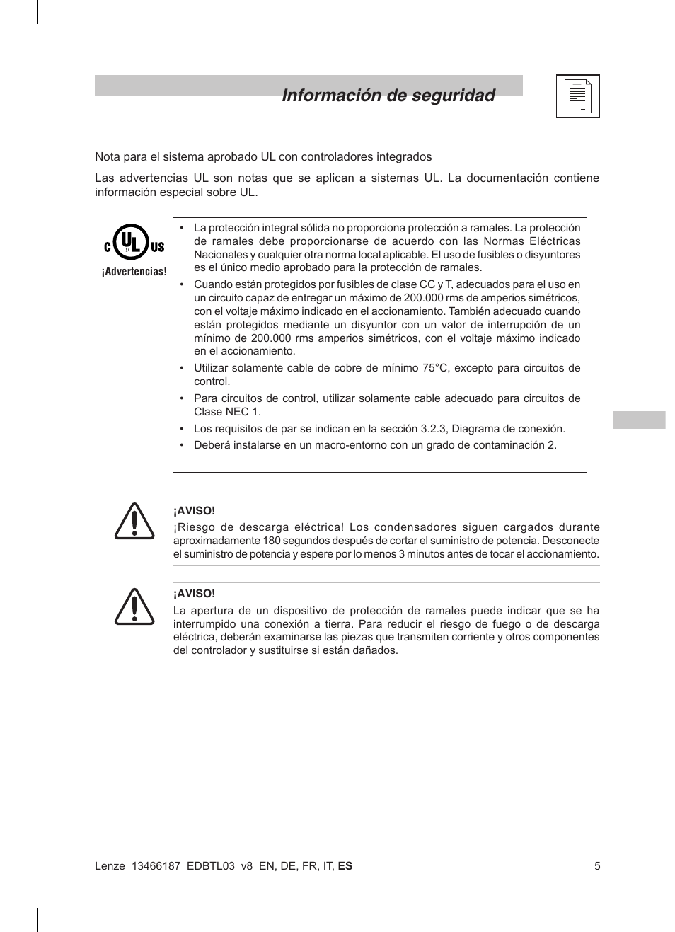 Información de seguridad | Lenze TML Flux Vector Drive 0.25kW-2.2kW User Manual | Page 103 / 124