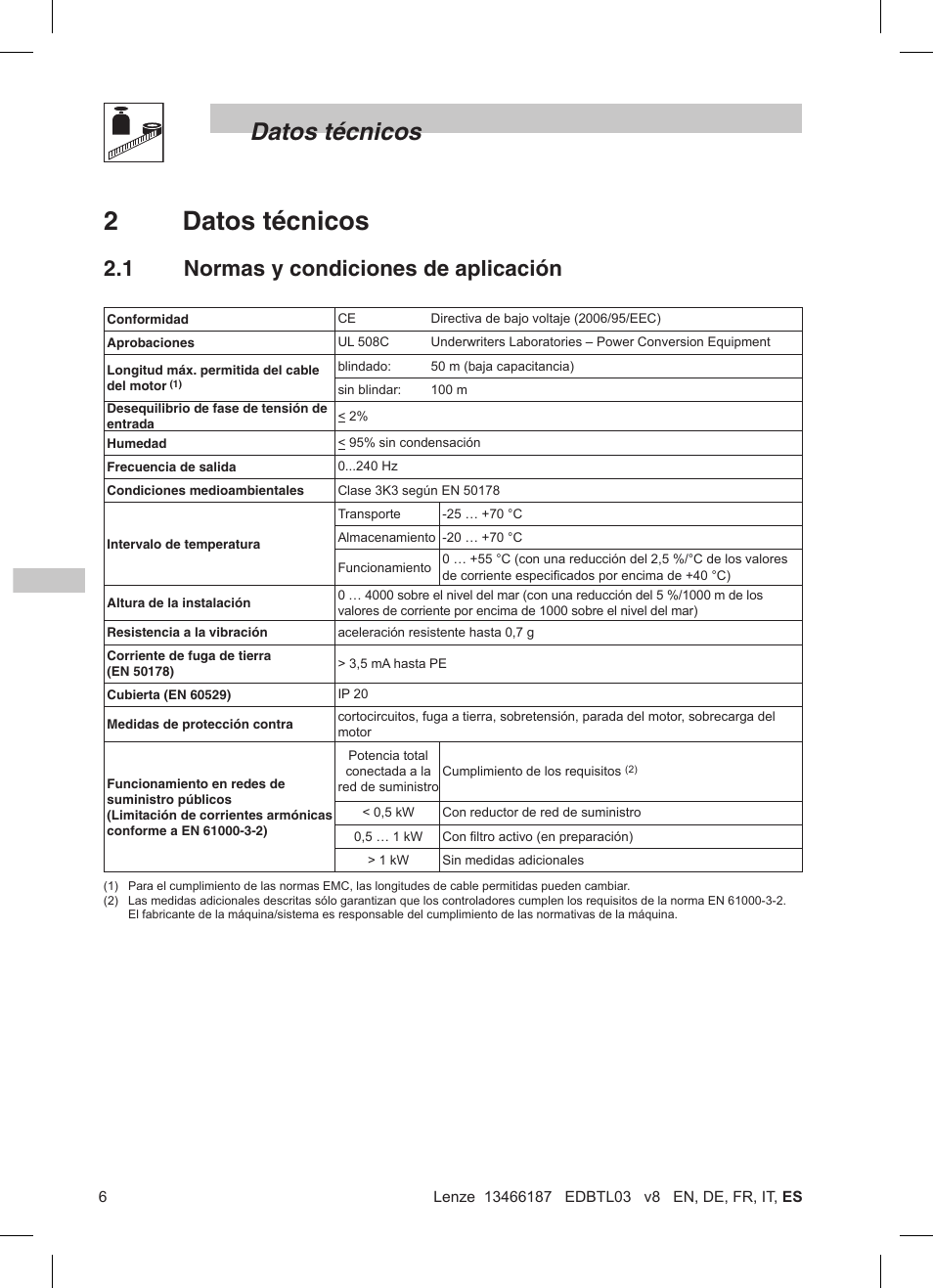 2datos técnicos, Datos técnicos, 1 normas y condiciones de aplicación | Lenze TML Flux Vector Drive 0.25kW-2.2kW User Manual | Page 104 / 124