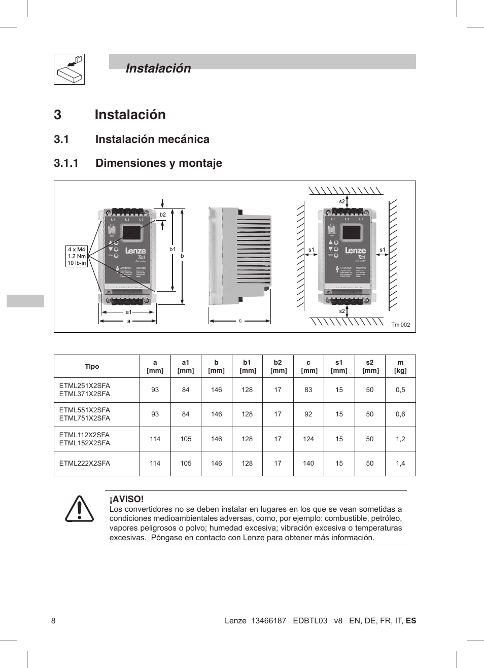3instalación, Instalación, 1 instalación mecánica 3.1.1 dimensiones y montaje | Lenze TML Flux Vector Drive 0.25kW-2.2kW User Manual | Page 106 / 124