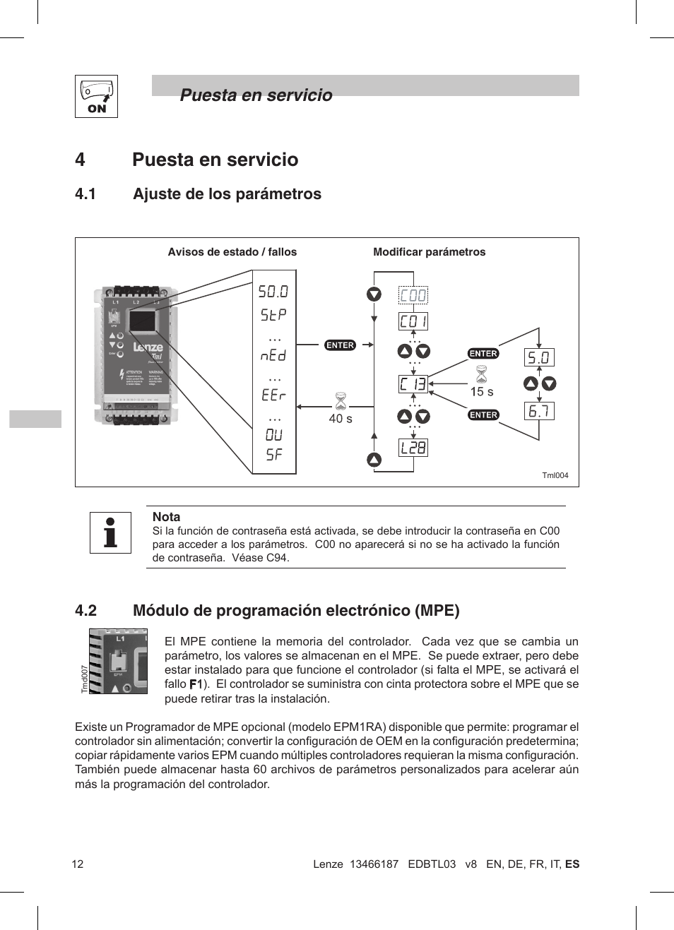 4puesta en servicio, Puesta en servicio, 2 módulo de programación electrónico (mpe) | 1 ajuste de los parámetros | Lenze TML Flux Vector Drive 0.25kW-2.2kW User Manual | Page 110 / 124