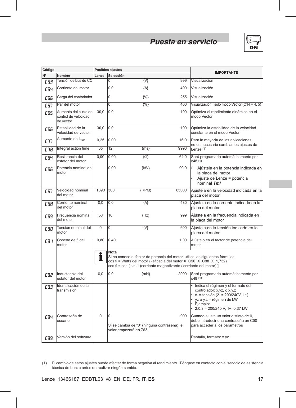 Puesta en servicio | Lenze TML Flux Vector Drive 0.25kW-2.2kW User Manual | Page 115 / 124