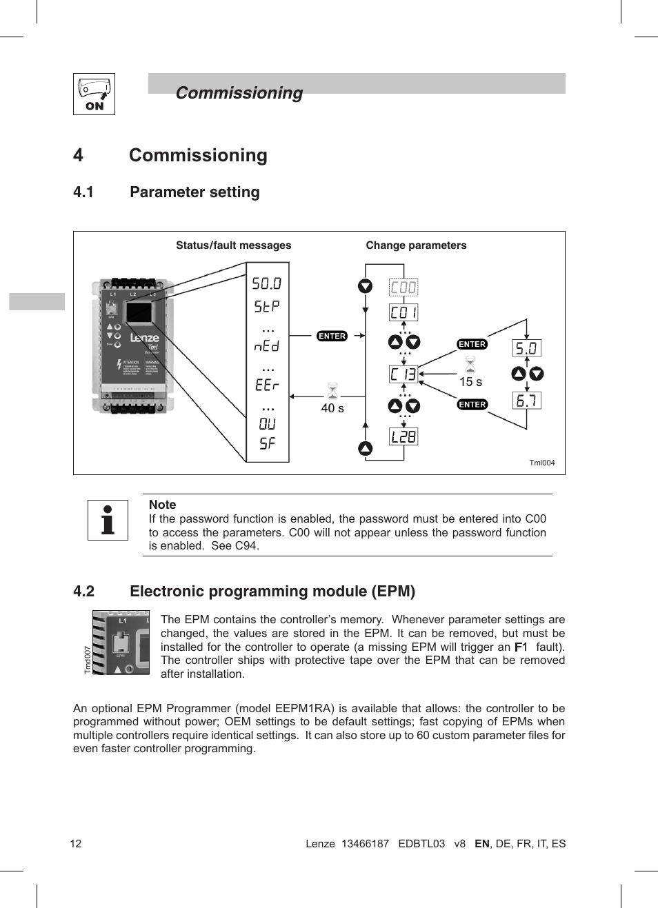 4 commissioning, Commissioning, 2 electronic programming module (epm) | 1 parameter setting | Lenze TML Flux Vector Drive 0.25kW-2.2kW User Manual | Page 14 / 124