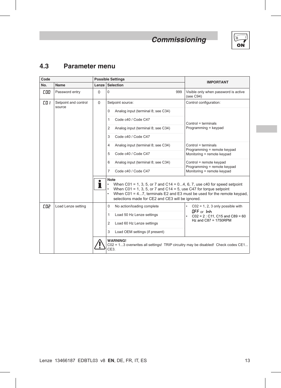 Commissioning, 3 parameter menu | Lenze TML Flux Vector Drive 0.25kW-2.2kW User Manual | Page 15 / 124