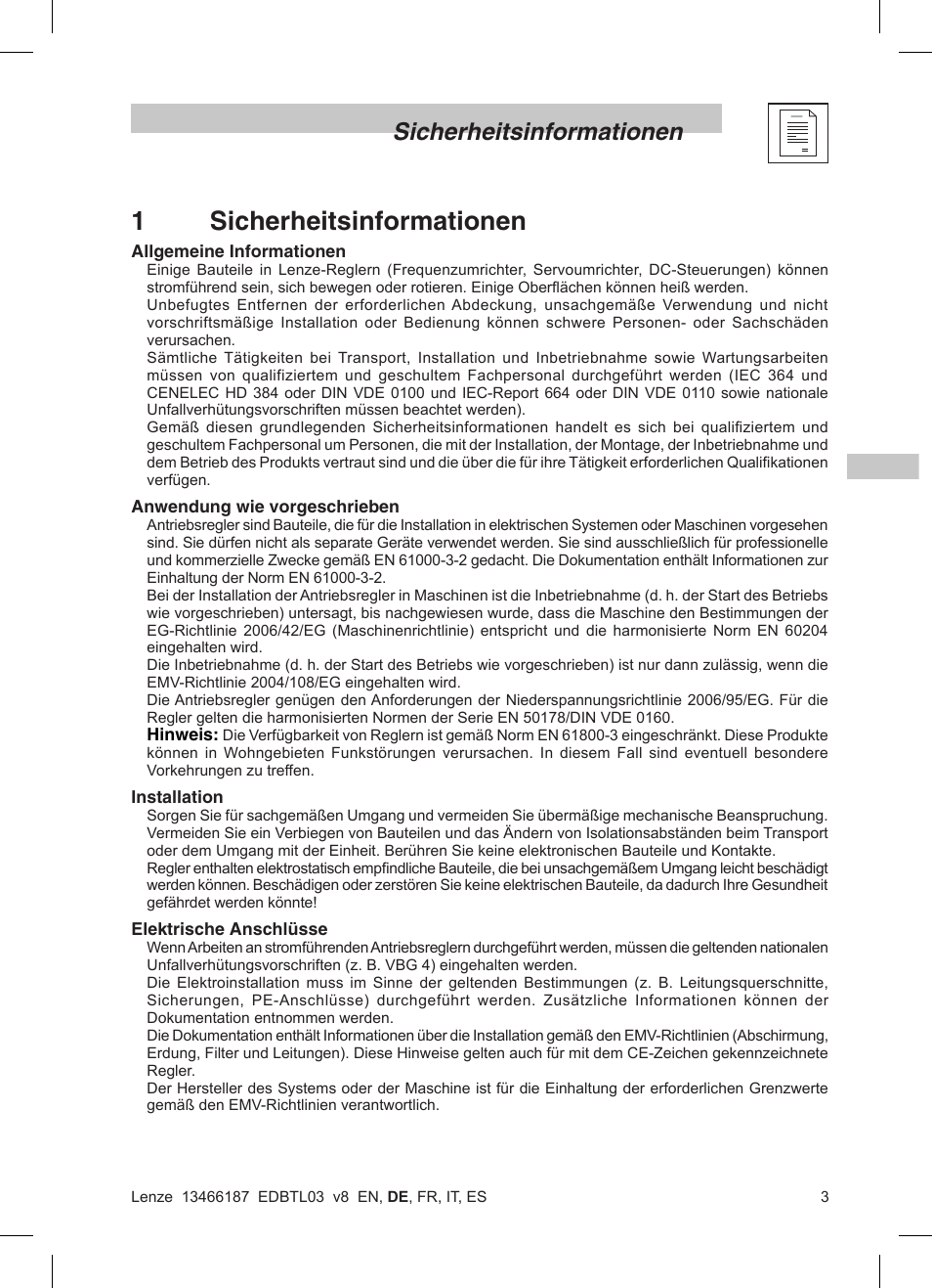 1sicherheitsinformationen, Sicherheitsinformationen | Lenze TML Flux Vector Drive 0.25kW-2.2kW User Manual | Page 29 / 124
