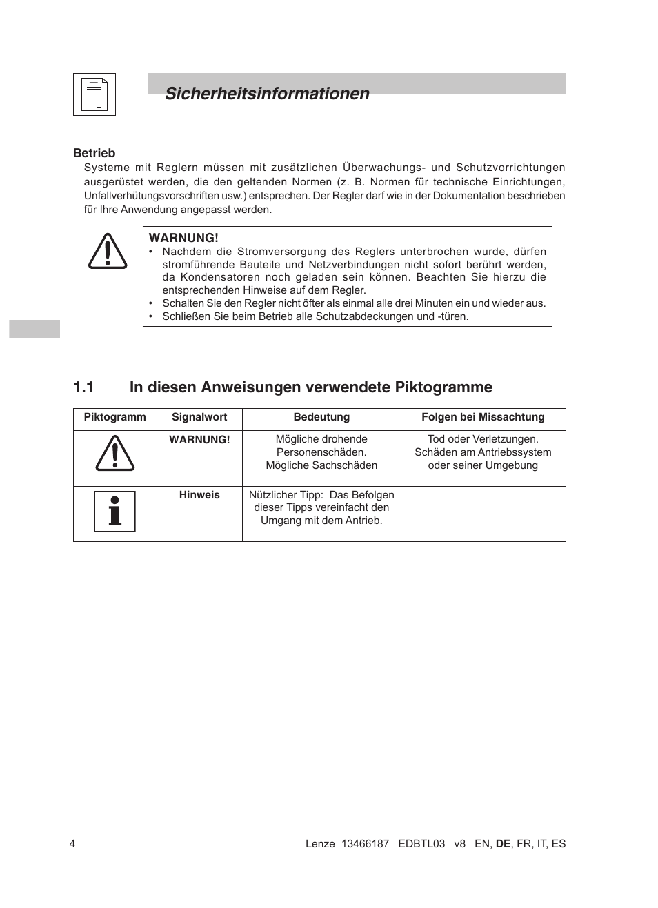 Sicherheitsinformationen, 1 in diesen anweisungen verwendete piktogramme | Lenze TML Flux Vector Drive 0.25kW-2.2kW User Manual | Page 30 / 124