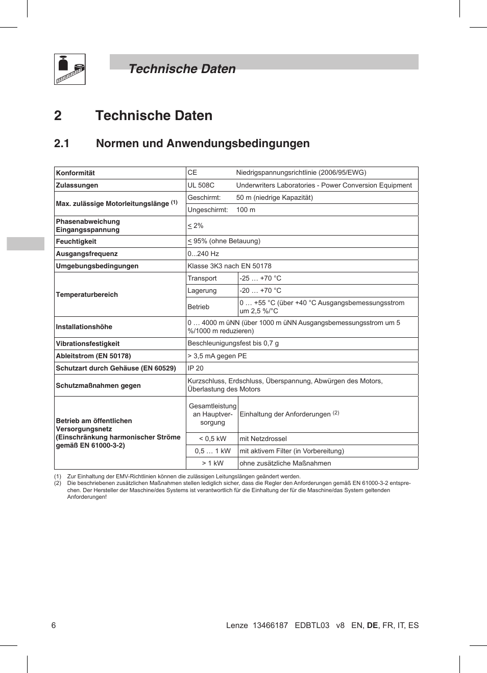 2technische daten, Technische daten, 1 normen und anwendungsbedingungen | Lenze TML Flux Vector Drive 0.25kW-2.2kW User Manual | Page 32 / 124
