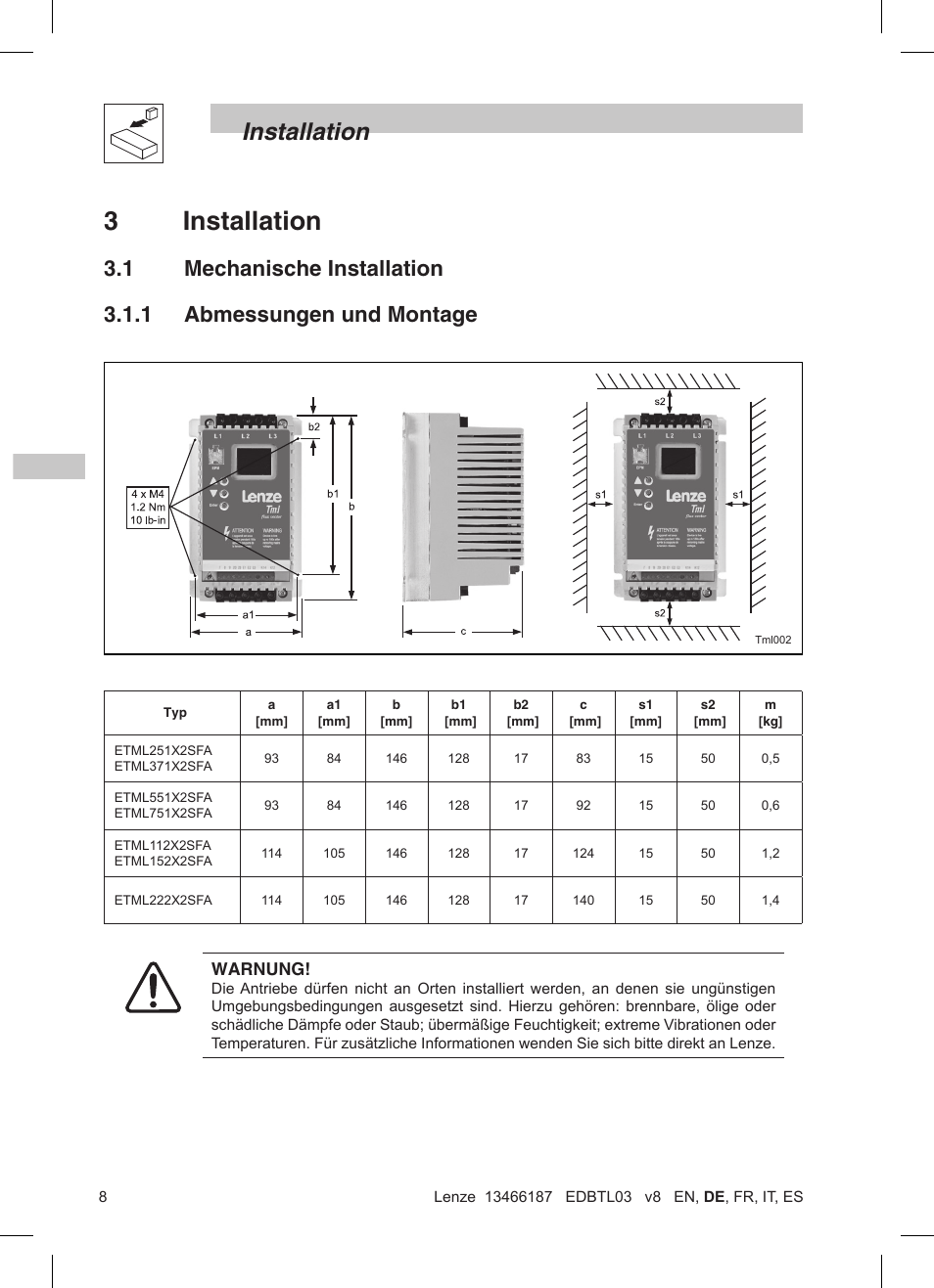 3installation, Installation | Lenze TML Flux Vector Drive 0.25kW-2.2kW User Manual | Page 34 / 124
