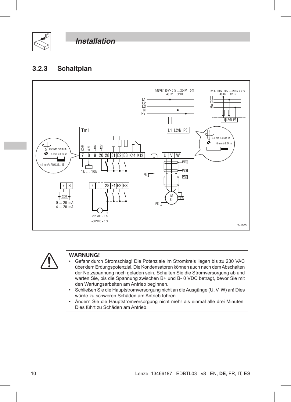 Installation, 3 schaltplan, Warnung | Lenze TML Flux Vector Drive 0.25kW-2.2kW User Manual | Page 36 / 124