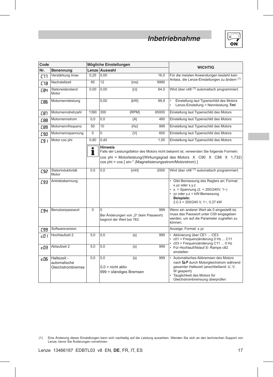 Inbetriebnahme | Lenze TML Flux Vector Drive 0.25kW-2.2kW User Manual | Page 43 / 124